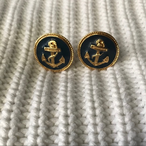 Vintage Gold/Navy Anchor Earrings - Picture 1 of 3